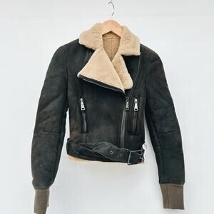 GF Ferre Gianfranco Chocolate Brown Leather Bomber Jacket Shearling 24/38 XS
